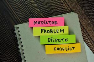 Mediator, problem, dispute, conflict- words written on sticky notes isolated on wooden table photo