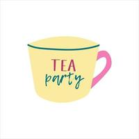 A yellow mug with a pink handle. The tea party. Vector flat image on a white background