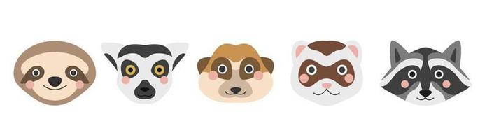 A set of cute animal faces. Sloth, lemur, meerkat, ferret and raccoon. Vector flat image on a white background