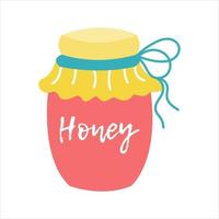 Jar with honey tied with a ribbon. The tea party. Vector flat image on a white background