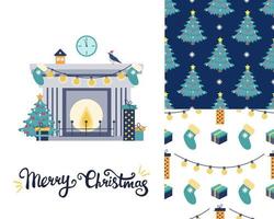 Set with a Christmas greeting card. Fireplace with Christmas tree and gifts. Two Christmas patterns. Vector flat image