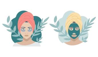 una chica con una mascarilla cosmética verde y con parches, dos opciones. vector de imagen plana sobre un fondo blanco