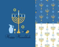 Happy Hanukkah set. A postcard and two seamless patterns. Vector image