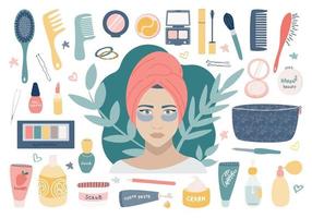 gran set de cosmética con cosméticos para el cuidado personal. una niña con parches debajo de los ojos, una bolsa de maquillaje y su contenido. imagen vectorial sobre un fondo blanco vector