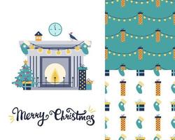 Set with a Christmas greeting card. Fireplace with Christmas tree and gifts. two Festive patterns. Vector flat image