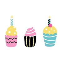 Bright colorful cakes with candles. Birthday, party. Vector flat image on a white background