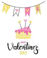 Happy Valentine's Day. A piece of cake with hearts on a white background. Greeting card, poster, flyer. Vector flat image