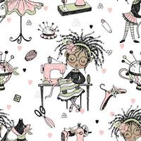 Seamless pattern with cute little black-skinned dressmaker and sewing accessories. Vector