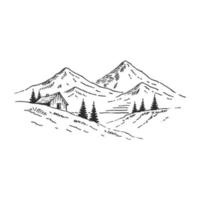 House in mountains with pine trees. Landscape black on white background. Hand drawn rocky peaks in sketch style. Vector illustration.