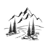 montaña con pinos y paisaje negro sobre fondo blanco. picos rocosos dibujados a mano en estilo boceto. ilustración vectorial. vector