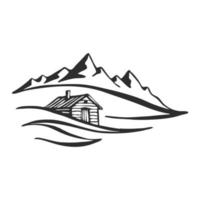 Cabin in mountains. Landscape black on white background. Hand drawn rocky peaks in sketch style. Vector illustration.