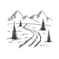 Road to mountains. Landscape black on white background. Hand drawn rocky peaks in sketch style. Vector illustration.