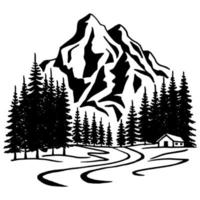 Mountain with pine trees and landscape black on white background. Hand drawn rocky peaks in sketch style. Vector illustration.