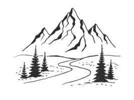 Mountains road. Landscape black on white background. Hand drawn rocky peaks in sketch style. Vector illustration