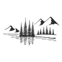 Mountain with pine trees and lake landscape black on white background. Hand drawn rocky peaks in sketch style. Vector illustration.