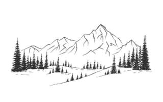 Hand drawn vector nature illustration with mountains and forest on first view. Using for travel and nature background and card