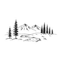 montaña con pinos y paisaje negro sobre fondo blanco. picos rocosos dibujados a mano en estilo boceto. ilustración vectorial. vector