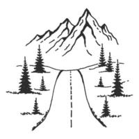 Mountains road. Landscape black on white background. Hand drawn rocky peaks in sketch style. Vector illustration