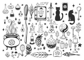 Witchcraft, magic background for witches and wizards. Vector vintage collection. Hand drawn magic tools, concept of witchcraft.