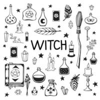 Witchcraft, magic background for witches and wizards. Vector vintage collection. Hand drawn magic tools, concept of witchcraft. Drawn magic tools book, candles, potions, broom, crystals, cauldron.