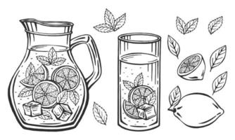 Jarra de vidrio con limonada, boceto de limonada casera, Ilustración de verano. limón dibujado a mano, rodaja de limón, paja. la inscripción en la limonada.