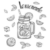 Lemonade mug with ice and a slice of lemon and a straw and mint leaves, lemonade sketch in a glass, hand drawing of a lemonade Cup, homemade lemonade lettering, isolated vector illustrations.