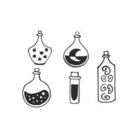 Magic potion, glass bottle engraving vector illustration. Magic potion occult attribute for witchcraft.