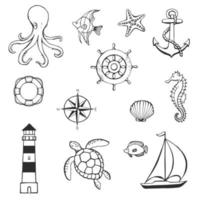 Sea or ocean underwater life with different animals and marine objects. Concept elements. Vector illustration in hand drawn style.