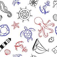 Seamless pattern with different animals and marine objects. Sea or ocean underwater life background. Concept elements. Vector illustration in hand drawn style.