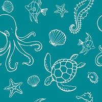 Seamless pattern with different animals and marine objects. Sea or ocean underwater life background. Concept elements. Vector illustration in hand drawn style.