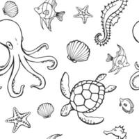 Seamless pattern with different animals and marine objects. Sea or ocean underwater life background. Concept elements. Vector illustration in hand drawn style.