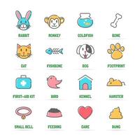 pet vector line icons with flat colors