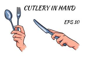 cuchillería. tenedor, cuchara y cuchillo en mano. estilo de dibujos animados. un restaurante.