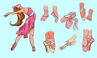 Vector ballet set. Ballerina and pointe shoes. Ballerina legs in ballet shoes. Arms.