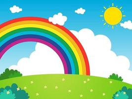 Rainbow with clouds and sun background vector