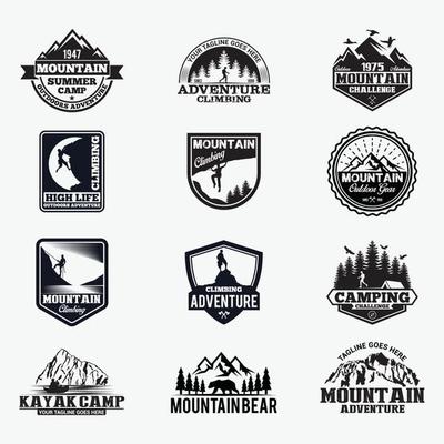 Mountain, Kayak and Canoe Badges. Logo vector design templates
