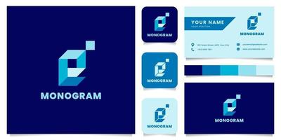 Logotipo de letra e isométrico azul simple y minimalista con plantilla de tarjeta de visita vector