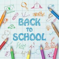 Back to school text drawing on paper graph with hand draw doodle, school items and color pencils vector