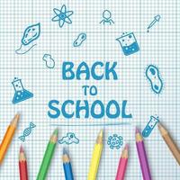 Back to school text drawing on paper graph with school items and color pencils vector