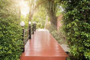 Wooden bridge in a green park with rays of sunlight photo