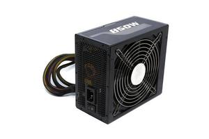 Black 850W Power supply unit with cables and switch I O for ATX tower PC cases isolated on a white background photo
