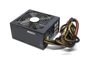 Black 850W Power supply unit with cables and switch I O for ATX tower PC cases isolated on a white background