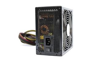 Black 850W Power supply unit with cables and switch I O for ATX tower PC cases isolated on a white background photo