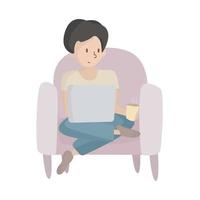 Home remote work. Cartoon young calm woman operating computer from house vector