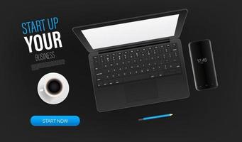 Start up your business promo landing page template with laptop and sample text. Top view vector layout