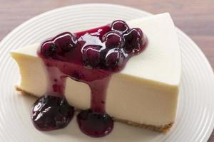 Homemade blueberry New York cheesecake on a white plate photo