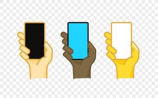 Different color hand gesture comic style vector icon. Smartphone in a hand