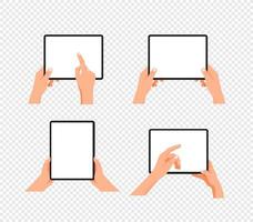 Human gesture using tablet computer. Layered vector clipart isolated on transparent background