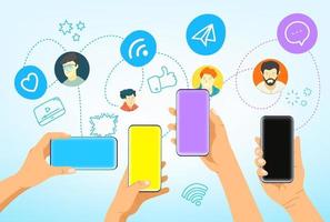 Hands with modern smartphones. Social media network communication vector