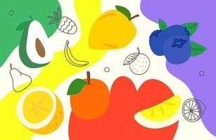 Creative doodle artistic wallpaper with fruits. Abstract background with color hand drawn geometric shapes. Sketchy style illustration vector